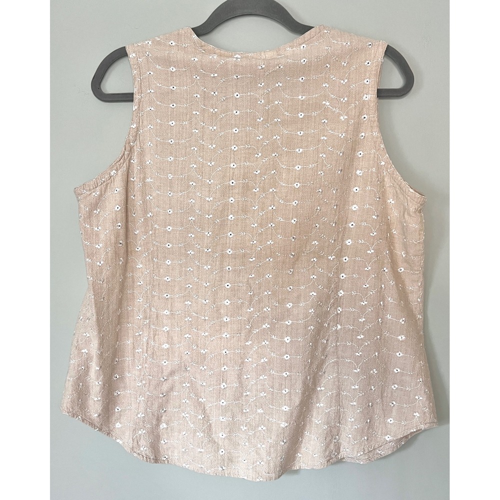Vintage 90s Cotton Floral Embroidered Sleeveless Button Up Tank Top Tan Large - Picture 6 of 6